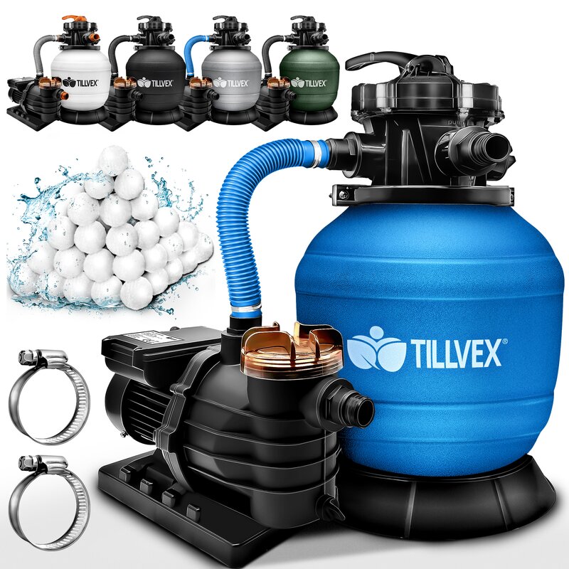 tillvex Sandfilteranlage Pool 13.200L/h bis 40.000L + 1200g Filterblle | Filteranlage 7-Wege Ventil & 2in1 Adapter 32-38mm | Poolfilter Selbstansaugend | Sandfilter Schwimmbecken