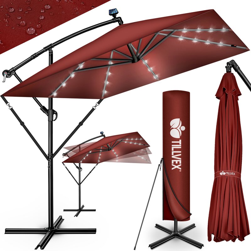 tillvex Alu Sonnenschirm Rechteckig  330 cm mit LED Solar Rot + Abdeckung mit Kurbel | Ampelschirm mit Stnder & Windschutz | Gartenschirm UV-Schutz, wasserdicht, 360 drehbar | Kurbelschirm Marktschirm