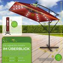 tillvex Alu Sonnenschirm Rechteckig  330 cm mit LED Solar Rot + Abdeckung mit Kurbel | Ampelschirm mit Stnder & Windschutz | Gartenschirm UV-Schutz, wasserdicht, 360 drehbar | Kurbelschirm Marktschirm