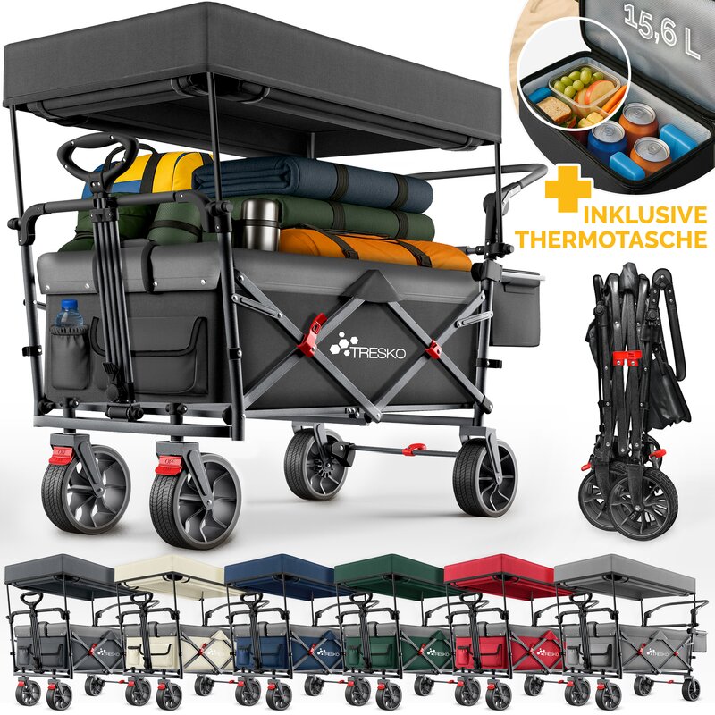 TRESKO Bollerwagen Faltbar mit Dach, Khlfach & Seitenrollos | Handwagen max. belastbar bis 150kg | Transportwagen mit Vollgummireifen & Feststellbremsen (Vorne & Hinten) und 3-Punkt-Gurt