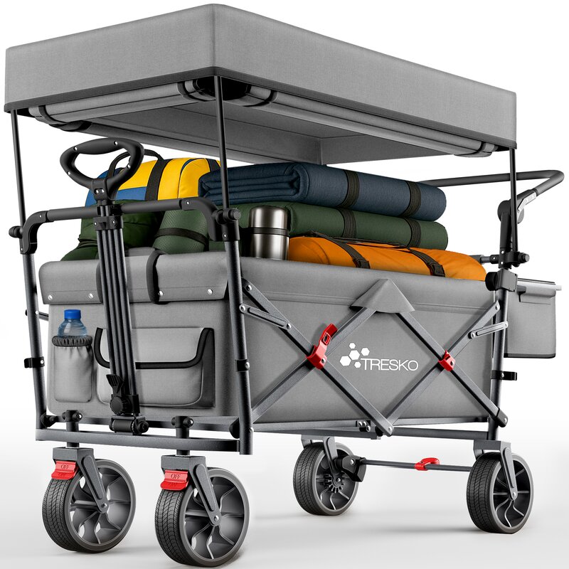 TRESKO Bollerwagen Faltbar mit Dach Grau, Khlfach & Seitenrollos | Handwagen max. belastbar bis 150kg | Transportwagen mit Vollgummireifen & Feststellbremsen (Vorne & Hinten) und 3-Punkt-Gurt