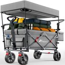 TRESKO Bollerwagen Faltbar mit Dach Grau, Khlfach & Seitenrollos | Handwagen max. belastbar bis 150kg | Transportwagen mit Vollgummireifen & Feststellbremsen (Vorne & Hinten) und 3-Punkt-Gurt
