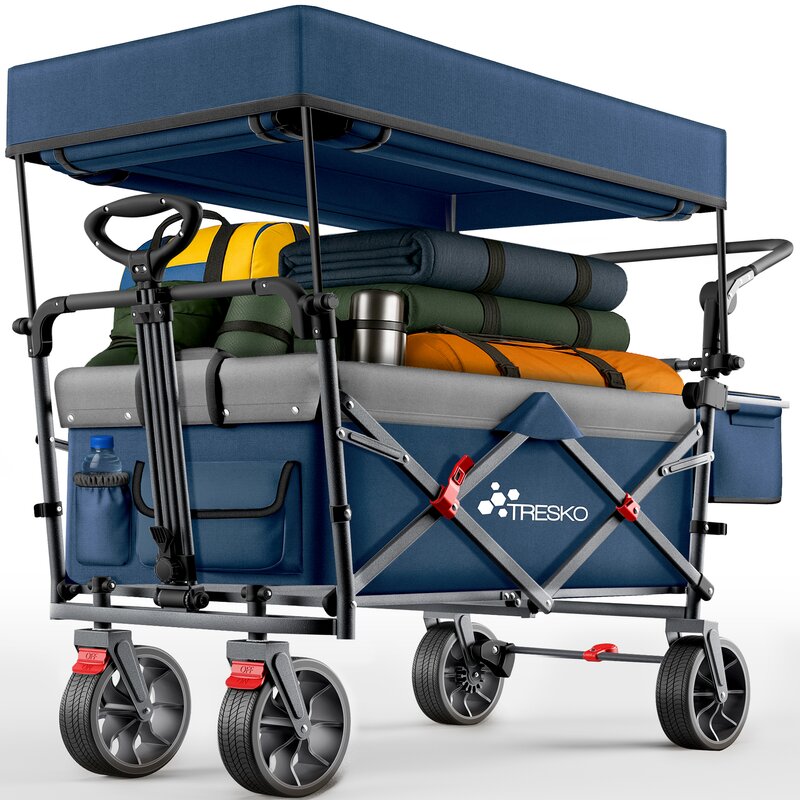 TRESKO Bollerwagen Faltbar mit Dach Blau, Khlfach & Seitenrollos | Handwagen max. belastbar bis 150kg | Transportwagen mit Vollgummireifen & Feststellbremsen (Vorne & Hinten) und 3-Punkt-Gurt