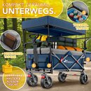 TRESKO Bollerwagen Faltbar mit Dach Blau, Khlfach & Seitenrollos | Handwagen max. belastbar bis 150kg | Transportwagen mit Vollgummireifen & Feststellbremsen (Vorne & Hinten) und 3-Punkt-Gurt
