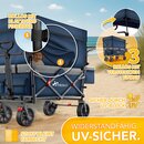 TRESKO Bollerwagen Faltbar mit Dach Blau, Khlfach & Seitenrollos | Handwagen max. belastbar bis 150kg | Transportwagen mit Vollgummireifen & Feststellbremsen (Vorne & Hinten) und 3-Punkt-Gurt
