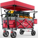 TRESKO� Bollerwagen Faltbar mit Dach Rot, K�hlfach & Seitenrollos | Handwagen max. belastbar bis 150kg | Transportwagen mit Vollgummireifen & Feststellbremsen (Vorne & Hinten) und 3-Punkt-Gurt