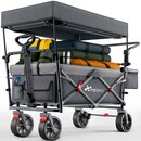 TRESKO� Bollerwagen Faltbar mit Dach Anthrazit, K�hlfach & Seitenrollos | Handwagen max. belastbar bis 150kg | Transportwagen mit Vollgummireifen & Feststellbremsen (Vorne & Hinten) und 3-Punkt-Gurt