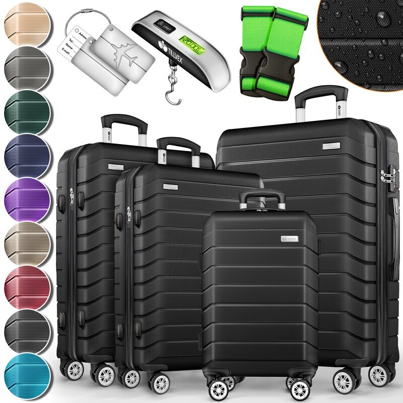 tillvex Reisekoffer Set 3 oder 4-TLG. + Gepckwaage, Koffergurte & Kofferanhnger | Kofferset 4 Rollen | Trolley Gepck Koffer TSA Schloss | Rollkoffer Hartschalenkofferset S-M-L-XL