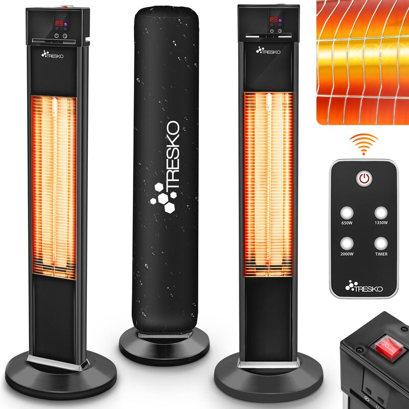 TRESKO Infrarot Stand-Heizstrahler 2000W mit Fernbedienung & Abdeckung | Wrmestrahler Terrasse elektrisch mit 3 Heizstufen | Terrassenstrahler Innen & Auen | Infrarotstrahler mit LED-Anzeige