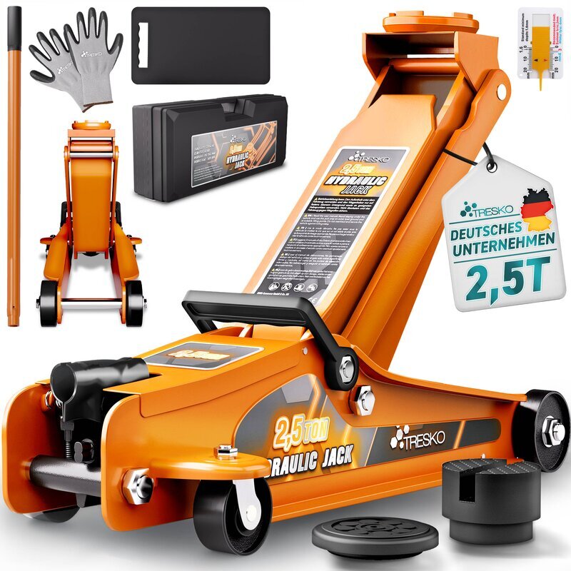 TRESKO Wagenheber hydraulisch 2,5T Hubhhe 85-385mm mit Tragekoffer | Hydraulik KFZ Rangierwagenheber flach fr tiefergelegte Autos & 360 Rollen inkl. 2X Gummiauflage, Schutzmatte, Handschuhe, Profilmesser