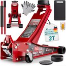 TRESKO� Wagenheber hydraulisch 3T Hubh�he 75-510mm | Hydraulik KFZ Rangierwagenheber flach Doppelkolben & 360� Rollen inkl. 2X Gummiauflage, Schutzmatte, Handschuhe, Profilmesser