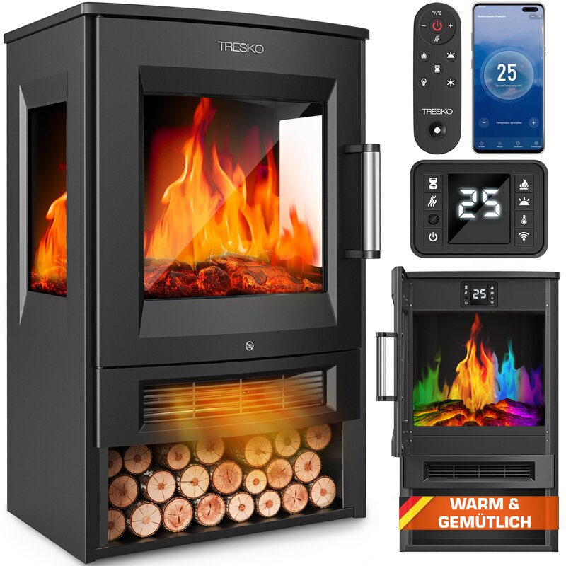 TRESKO Elektrokamin mit Heizung inkl. Fernbedienung & WiFi App | Kamin elektrisch 1800W LED-Flammeneffekt Farbmodi | Kaminfeuer Thermostat, Timer | Elektro Kaminofen Standkamin 2 Heizstufen