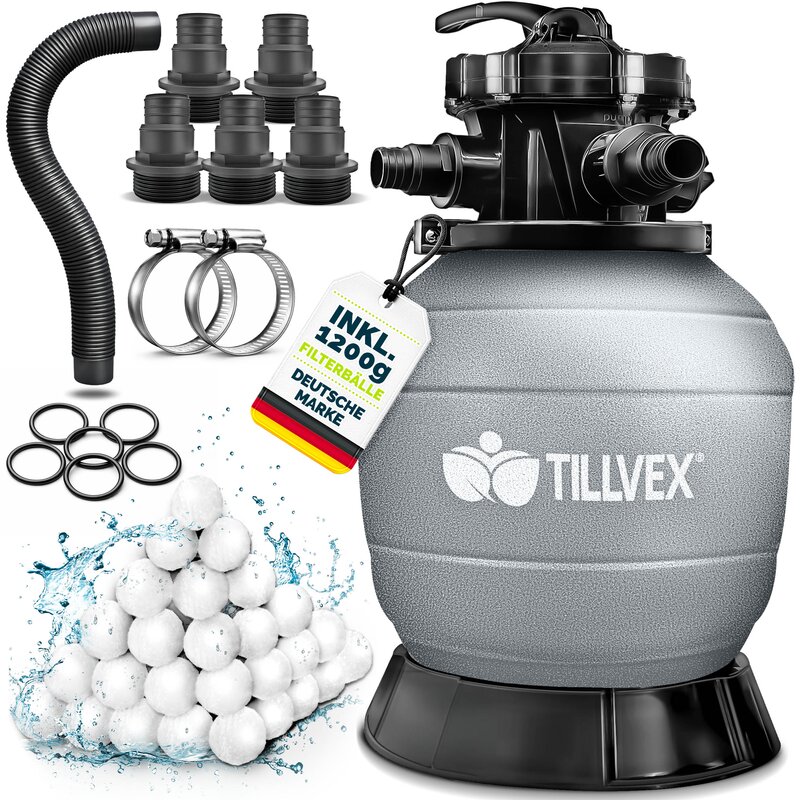 tillvex� Sandfilter Pool ohne Pumpe + 1200g Filterb�lle bis 50m� (50.000 Liter) Pools | Filterkessel Poolfilter inkl. Adapter �32-38mm | Sandfilterkessel mit 7-Wege-Ventil, Manometer & Saugschlauch