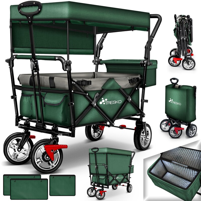 TRESKO Bollerwagen Grn faltbar mit Khltasche + Seitenrollo | Handwagen Klappbar | Gartenwagen mit Dach Transportwagen XXL