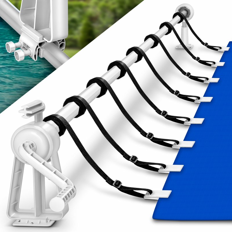 tillvex Pool Aufroller 1,05 - 6,15 m | Aufrollsystem für Solarplane | Aufrollvorrichtung für Poolplane & Abdeckung | inkl. Bänder