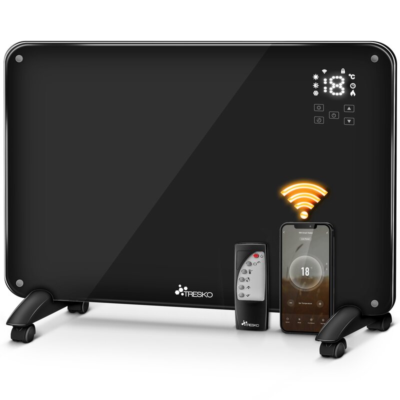 TRESKO Glaskonvektor Glasheizung 2000W APP WiFi schwarz | Elektroheizung elektrisch inkl. Fernbedienung | Konvektor Heizung Heizkrper Touch & LCD-Display | Elektroheizkrper Stand- oder Wandgert