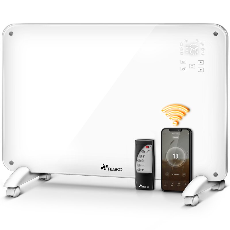 TRESKO Glaskonvektor Glasheizung 2000W APP WiFi wei | Elektroheizung elektrisch inkl. Fernbedienung | Konvektor Heizung Heizkrper Touch & LCD-Display | Elektroheizkrper Stand- oder Wandgert
