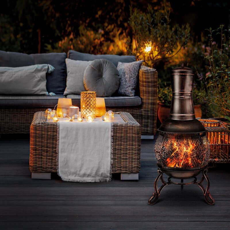 tillvex Terrassenofen (90 cm - Bronze) mit Funkenschutz und XXL Zubehör | Gartenkamin mit Grillfunktion | Feuerstelle Antik Gartenofen mit Abdeckung BBQ Grillrost Schürhaken Grillzange Bürste
