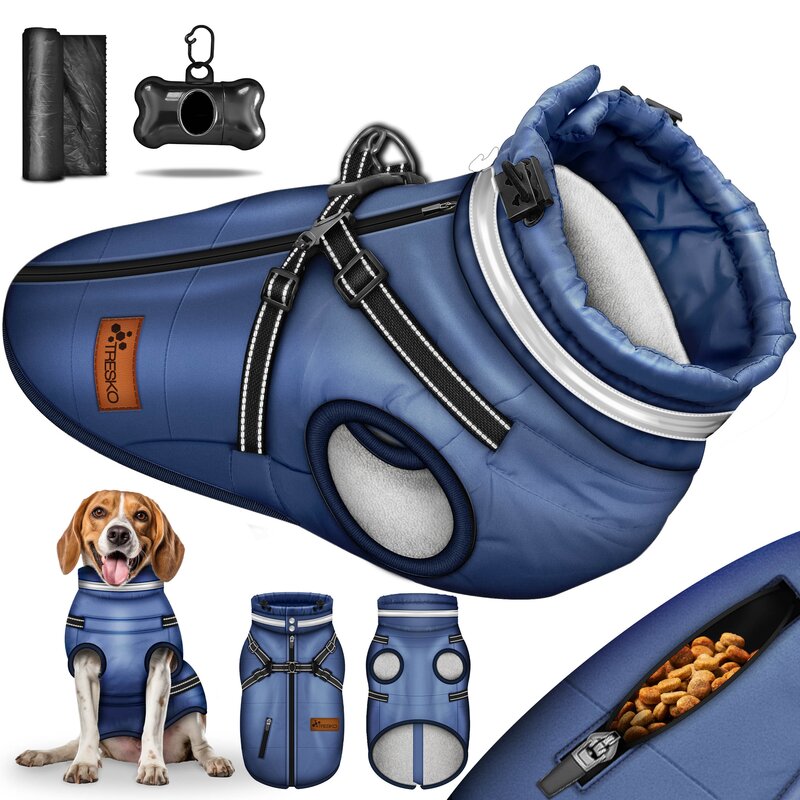 TRESKO® Hundejacke Navyblau / Größe S Winter mit Reflektoren inkl. 15 Stück Kotbeutel + Spender | Hunderegenmantel wasserdicht | Hundemantel inkl. Geschirr | Hunde Winterweste gefüttert