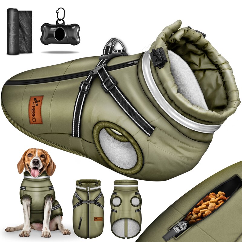 TRESKO® Hundejacke Grün / Größe XL Winter mit Reflektoren inkl. 15 Stück Kotbeutel + Spender | Hunderegenmantel wasserdicht | Hundemantel inkl. Geschirr | Hunde Winterweste gefüttert