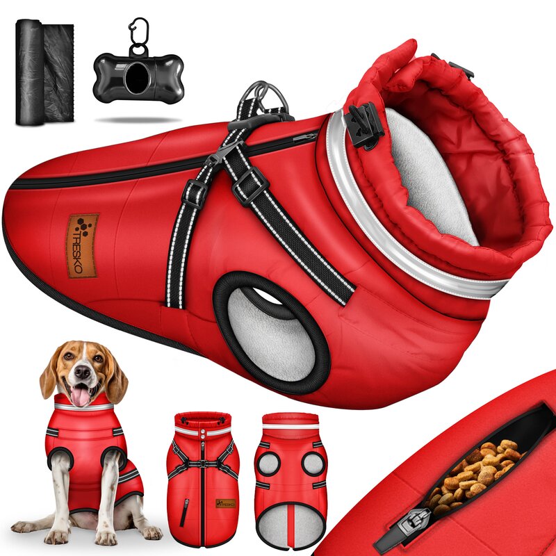 TRESKO® Hundejacke Rot / Größe S Winter mit Reflektoren inkl. 15 Stück Kotbeutel + Spender | Hunderegenmantel wasserdicht | Hundemantel inkl. Geschirr | Hunde Winterweste gefüttert
