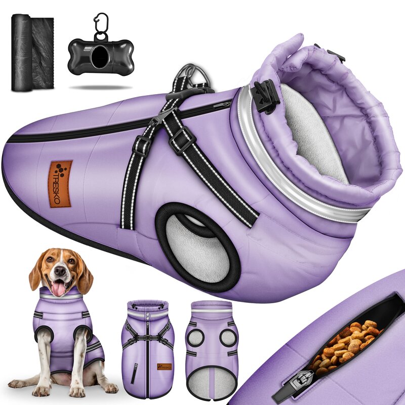 TRESKO® Hundejacke Lila / Größe S Winter mit Reflektoren inkl. 15 Stück Kotbeutel + Spender | Hunderegenmantel wasserdicht | Hundemantel inkl. Geschirr | Hunde Winterweste gefüttert