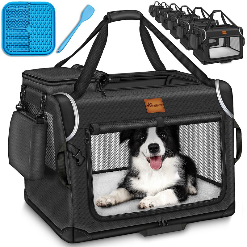 TRESKO® Hundebox faltbar Schwarz (S 50x34x34cm) inkl. Leckmatte und Spatel | Transportbox für Hunde und Katzen | Hundetransportbox für kleine & große Hunde | Hundetasche robust
