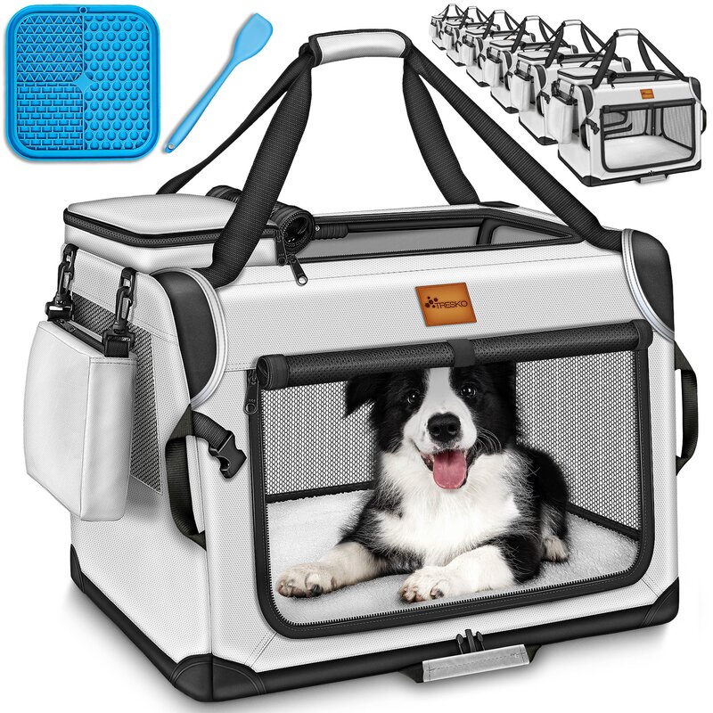 TRESKO® Hundebox faltbar Grau (S 50x34x34cm) inkl. Leckmatte und Spatel | Transportbox für Hunde und Katzen | Hundetransportbox für kleine & große Hunde | Hundetasche robust