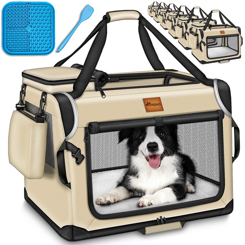 TRESKO® Hundebox faltbar Beige (S 50x34x34cm) inkl. Leckmatte und Spatel | Transportbox für Hunde und Katzen | Hundetransportbox für kleine & große Hunde | Hundetasche robust