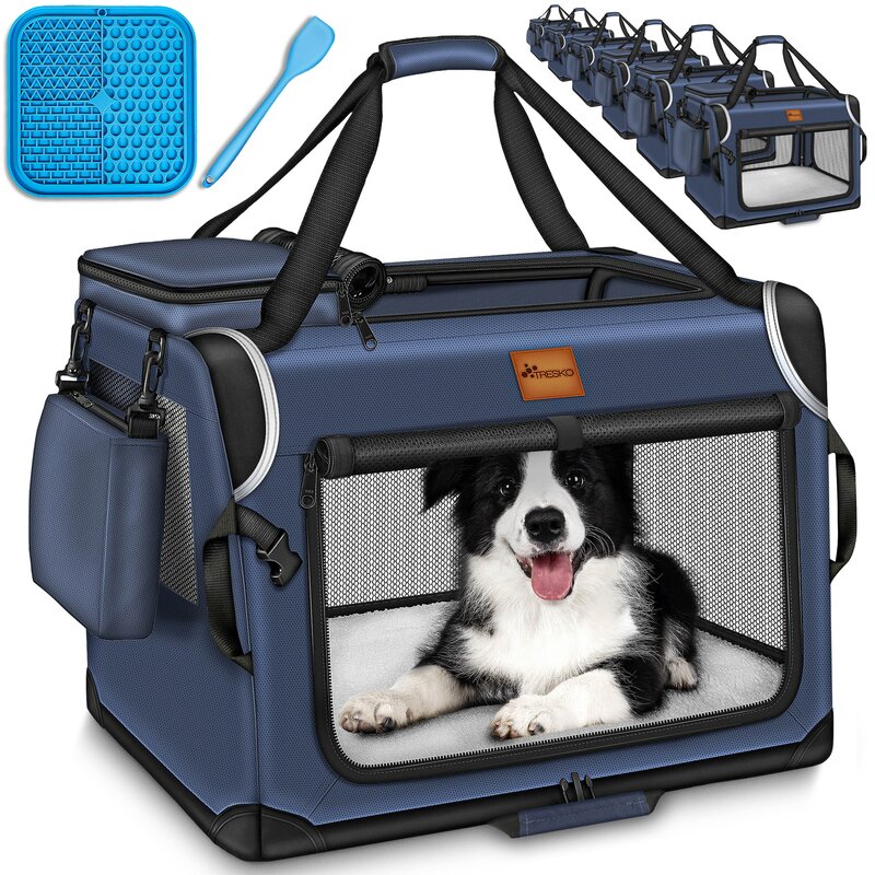 TRESKO® Hundebox faltbar Navyblau (S 50x34x34cm) inkl. Leckmatte und Spatel | Transportbox für Hunde und Katzen | Hundetransportbox für kleine & große Hunde | Hundetasche robust
