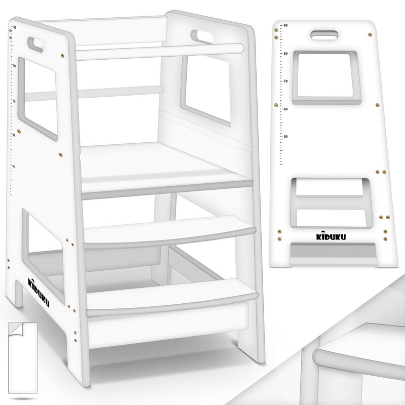 KIDUKU Lernturm Wei aus Holz ab 1 Jahr mit 4 Stck Antirutsch Pads | Montessori Kinder-Schemel fr Kinder | Lerntower fr hchste Sicherheit | Learning Tower fr Mdchen & Jungen