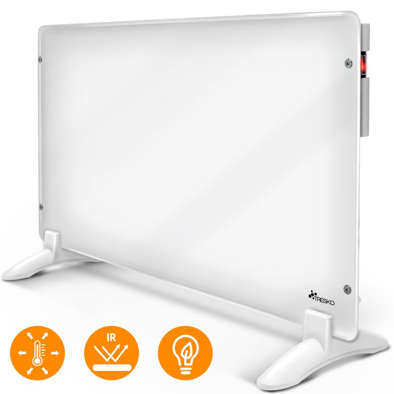 TRESKO Konvektor Heizung 600-1000 Watt Elektroheizung Wandheizung Glaskonvektor Heizkrper Wand Wei / 600 Watt