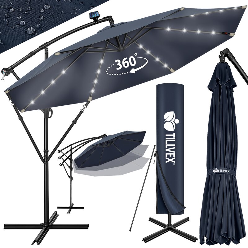 tillvex Alu Ampelschirm Navy-Blau LED Solar  350 cm mit Kurbel | Sonnenschirm mit An-/Ausschalter | Gartenschirm UV-Schutz Aluminium | Kurbelschirm mit Stnder Marktschirm wasserdicht