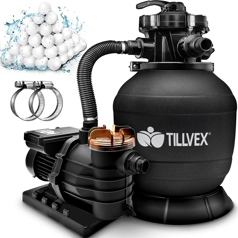 tillvex Sandfilteranlage Pool 10 m/h inkl. 800g Filterblle schwarz | Filteranlage 7-Wege Ventil & 2in1 Adapter 32mm - 38mm | Poolfilter mit Druckanzeige | Sandfilter fr Schwimmbecken