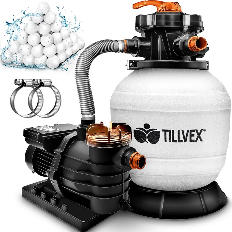 tillvex Sandfilteranlage Pool 10 m/h inkl. 800g Filterblle wei/orange | Filteranlage 7-Wege Ventil & 2in1 Adapter 32mm - 38mm | Poolfilter mit Druckanzeige | Sandfilter fr Schwimmbecken