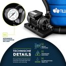 tillvex Sandfilteranlage Pool 7.900L/h inkl. 400g Filterblle blau | Filteranlage 7-Wege Ventil & 2in1 Adapter 32mm - 38mm | Poolfilter mit Druckanzeige | Sandfilter fr Schwimmbecken