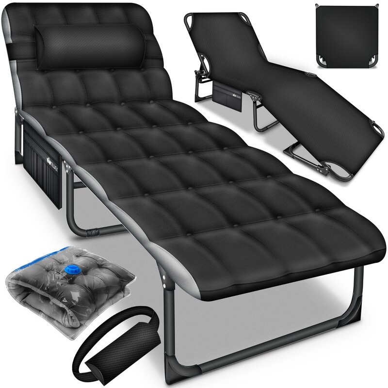tillvex Campingbett klappbar Schwarz mit Seitentasche & Nackenkissen bis 280 kg | Campingliege Sonnenliege mit Polster | Feldbett Outdoor & Indoor | Klappbett Gstebett faltbar Garten Camping Festival Reise